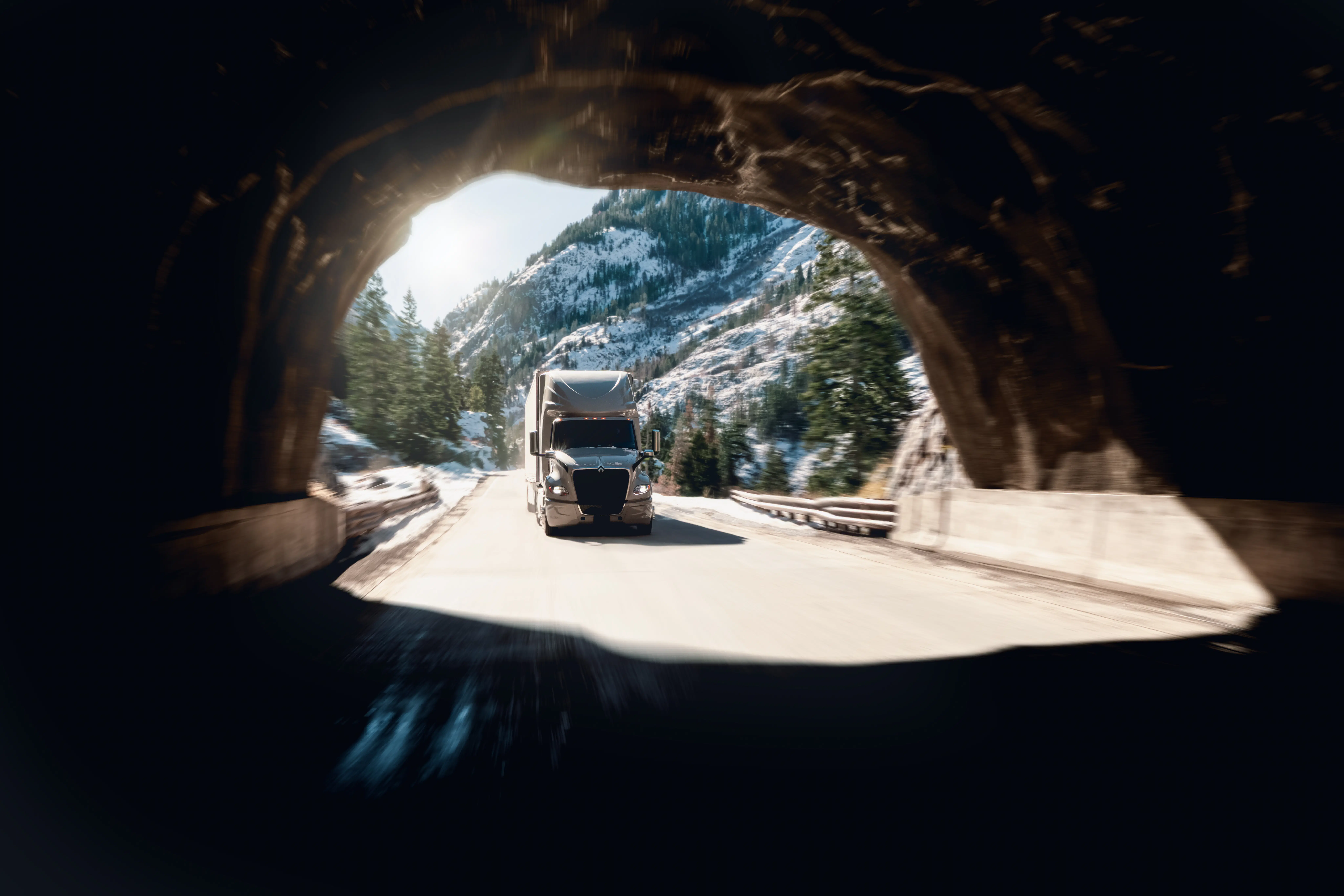 A truck driving through a snowy forest