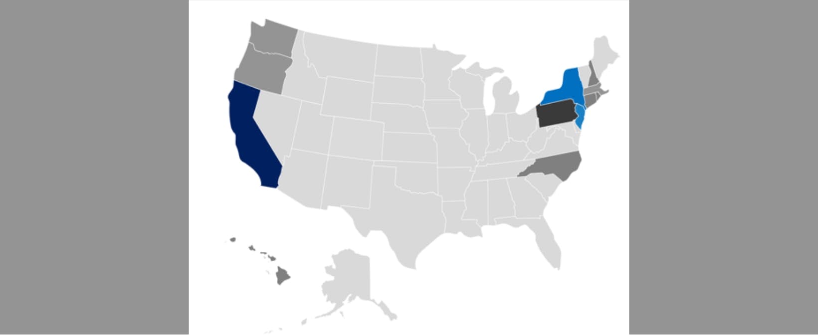 US Map with states highlighted in Blue and Grey