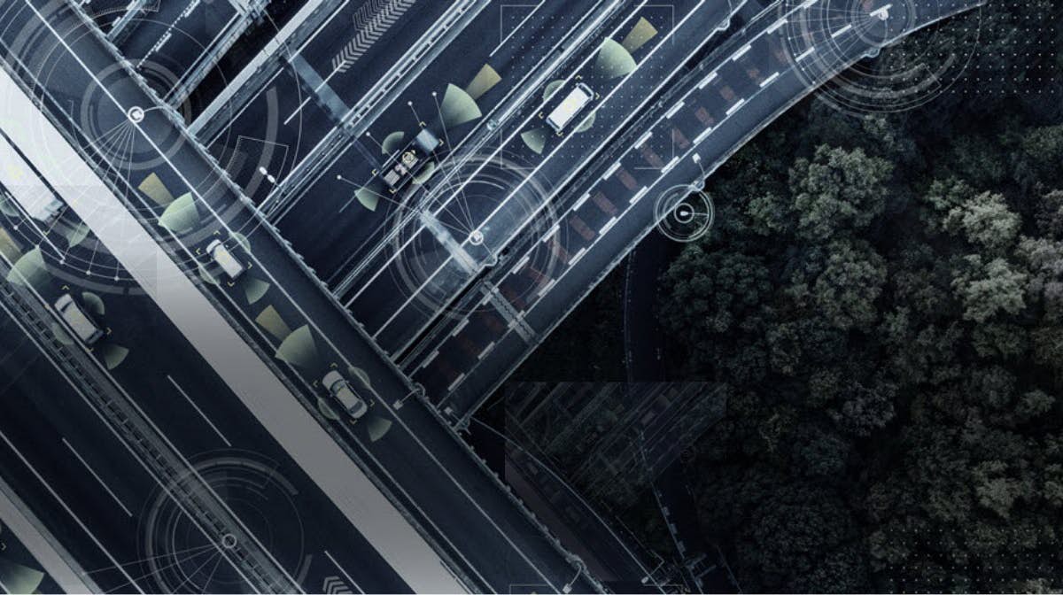 Aerial view of a highway with cars